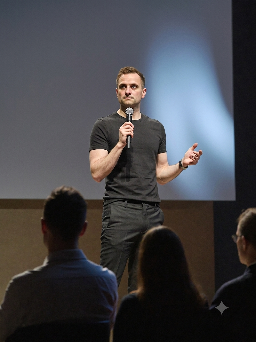 Simon Pitt, founder of Believe Websites, speaking on stage